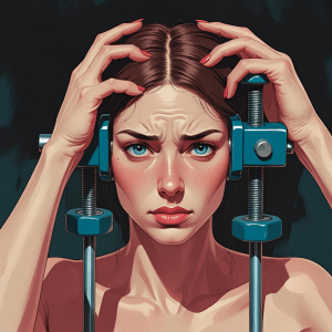 A cartoon of a white woman with a headache. The headache is visualized by the presence of a vise on her head. 